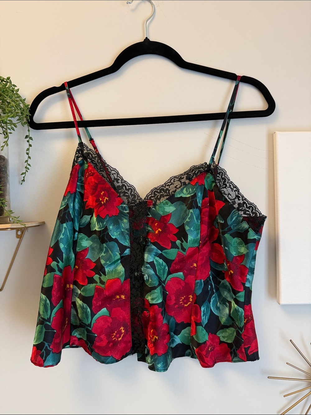 Victoria Secret Gold Label Red Floral Satin Cami with Black Lace Trim